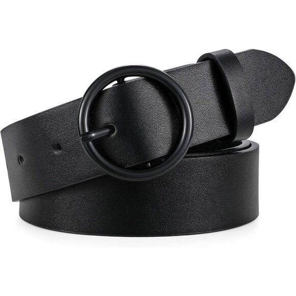 Women Leather Belt with Circle Black Buckle Fashion Ladies Waist Belt Black main image 3